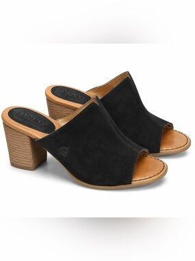 Born • Ingrid black suede leather mules with a chunky block heel